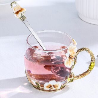 Europese Emaille Water Cup Licht Luxe Creatieve Vrouwen Bloemen Thee Cup Loodvrij Glas Set Hoogwaardige Water cup geel / kort 320ml