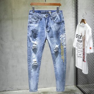 Europese En Amerikaanse High Street Mannen Gat Patch Jeans Stretch Slim Casual Negen Punten Broek 36