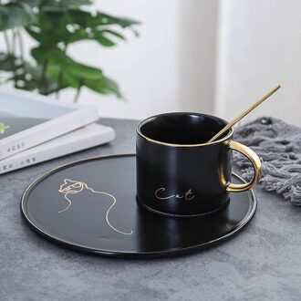 Europese Phnom Penh Keramische Zwarte Glazuur Koffiekopje Met Schotel En Lepel Set Office Theekopje Ontbijt Melk Mok Drinkware kat
