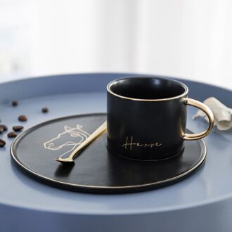 Europese Phnom Penh Keramische Zwarte Glazuur Koffiekopje Met Schotel En Lepel Set Office Theekopje Ontbijt Melk Mok Drinkware paard