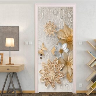 Europese Stijl Luxe Bloemen Gouden Sieraden Vlinder Deur Sticker Woonkamer Slaapkamer Behang Home Decals PVC 3D Muurschilderingen 77x200 cm