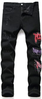Europese Stijl Mannen Skinny Jeans Heren Borduren Letters Slim Denim Straight Hiphop Punk Ripped Black Jeans Broek Voor mannen 33