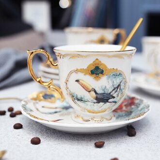 Europese Stijl Porselein Cup Set Jungle Dier Koffiekopje En Schotel Vogel Aap Stijl Goud Bone China thee Cup 01