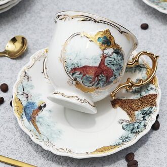 Europese Stijl Porselein Cup Set Jungle Dier Koffiekopje En Schotel Vogel Aap Stijl Goud Bone China thee Cup 05