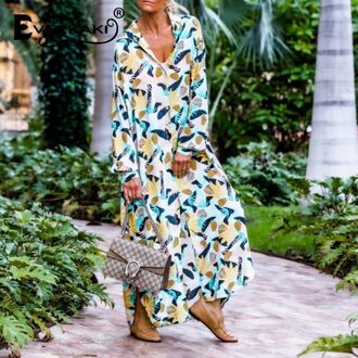 Everkaki Boho Tropische Bloemenprint Maxi Jurken Vrouwen Zomer Strand Groen Plus Size Party Y2K Lange Shirt Jurk Gewaad Vrouwelijke