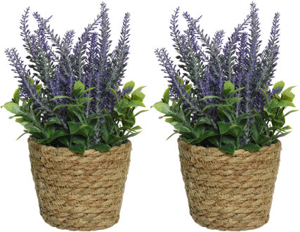 Everlands 2x lavendel kunstplant in gevlochten plantenmand - paars - D12 x H26 cm - Kunstplanten