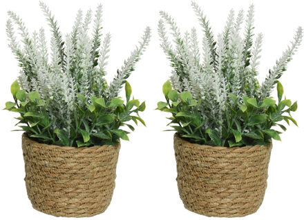 Everlands 2x lavendel kunstplant in gevlochten plantenmand - wit - D12 x H26 cm - Kunstplanten