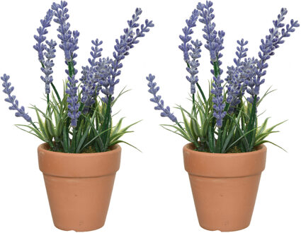 Everlands 2x lavendel kunstplant in terracotta pot - lila paars - D6 x H18 cm