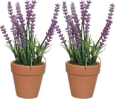 Everlands 2x lavendel kunstplant in terracotta pot - paars - D6 x H18 cm