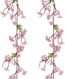 Everlands 2x stuks kunstbloem/bloesem takken slingers - roze - 187 cm - Kunstplanten