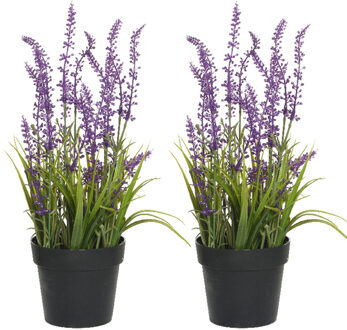 Everlands 2x stuks lavendel kunstplant in pot - fuchsia paars - D15 x H30 cm - Kunstplanten