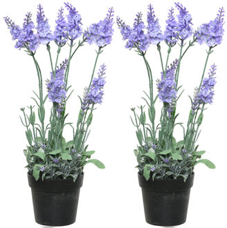 Everlands 2x stuks lavendel kunstplant in pot - lila paars - D18 x H38 cm - Kunstplanten