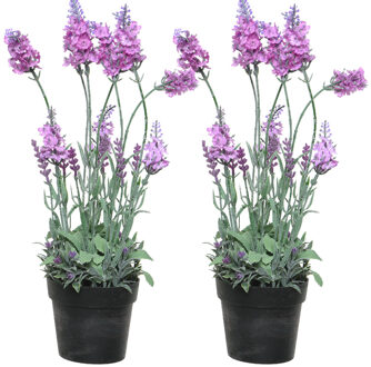 Everlands 2x stuks lavendel kunstplant in pot - roze paars - D18 x H38 cm - Kunstplanten