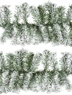Everlands Dennenslinger/dennen guirlande - 2x - groen - besneeuwd - 270 x 9,5 cm - PVC - 160 tips