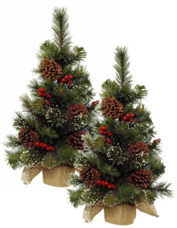 Everlands Ipswich mini kerstboom - 2x - H45 cm - met kerstversiering - kunstboom - klein kerstboompj