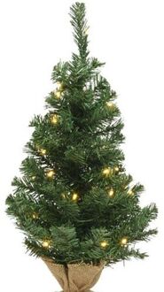 Everlands Kerst kerstbomen groen in jute zak met verlichting 45 cm - Kunstkerstboom