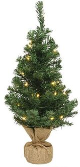 Everlands Kerst kerstbomen groen in jute zak met verlichting 60 cm - Kunstkerstboom