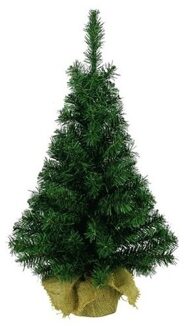 Everlands Kerstboom - 2x - mini - groen - in jute zak - D41 x H75 cm - 81 tips - kunststof