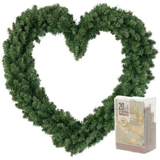 Everlands Kerstversiering kerstkrans hart groen 50 cm inclusief verlichting - Kerstkransen