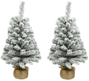 Everlands kunst kerstboom - 2x stuks - H60 cm - met sneeuw - kunstboom - jute zak - Imperial