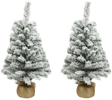 Everlands kunst kerstboom - 2x stuks - H75 cm - met sneeuw - kunstboom - jute zak - Imperial