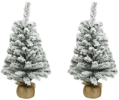 Everlands kunst kerstboom - 2x stuks - H90 cm - met sneeuw - kunstboom - jute zak - Imperial