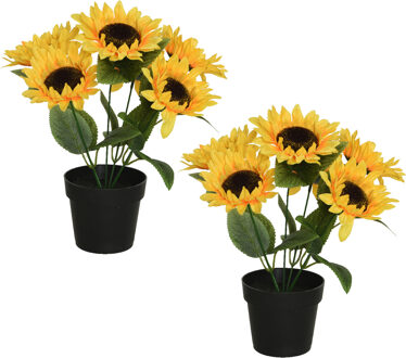 Everlands kunst zonnebloemen 28 cm - 2x stuks - Kunstplanten Geel