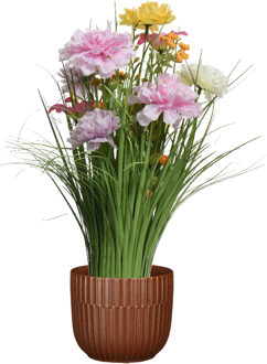 Everlands Kunstbloemen boeket lila paars - in pot bruin - keramiek - H40 cm - Kunstbloemen