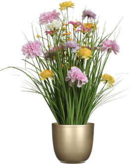 Everlands Kunstbloemen boeket lila paars - in pot goud - keramiek - H70 cm - Kunstbloemen Goudkleurig