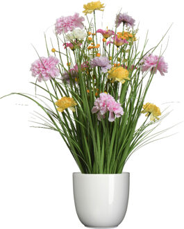 Everlands Kunstbloemen boeket lila paars - in pot wit - keramiek - H70 cm - Kunstbloemen