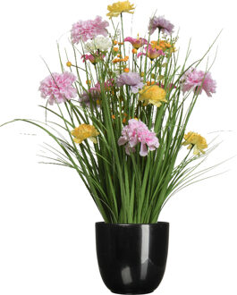 Everlands Kunstbloemen boeket lila paars - in pot zwart - keramiek - H70 cm - Kunstbloemen