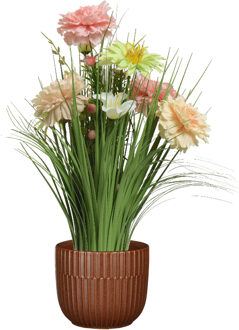Everlands Kunstbloemen boeket roze - in pot bruin - keramiek - H40 cm
