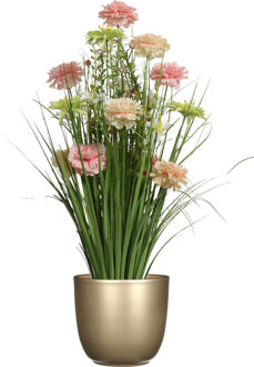 Everlands Kunstbloemen boeket roze - in pot goud - keramiek - H70 cm - Kunstbloemen Goudkleurig