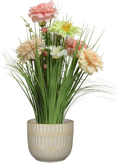 Everlands Kunstbloemen boeket roze - in pot lichtgrijs - keramiek - H40 cm - Kunstbloemen