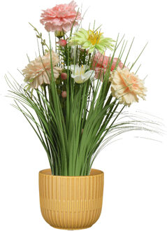 Everlands Kunstbloemen boeket roze - in pot okergeel - keramiek - H40 cm - Kunstbloemen