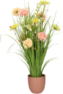 Everlands Kunstbloemen boeket roze - in pot oudroze - keramiek - H70 cm