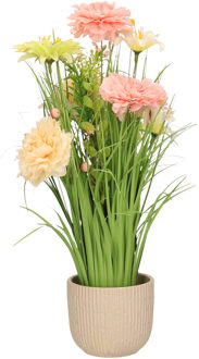 Everlands Kunstbloemen boeket roze - in pot wit - keramiek - H40 cm - Kunstbloemen