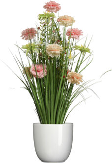 Everlands Kunstbloemen boeket roze - in pot wit - keramiek - H70 cm - Kunstbloemen