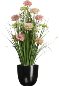 Everlands Kunstbloemen boeket roze - in pot zwart - keramiek - H70 cm - Kunstbloemen