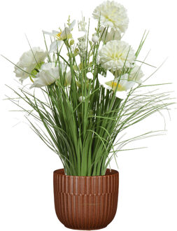 Everlands Kunstbloemen boeket wit - in pot bruin - keramiek - H40 cm - Kunstbloemen