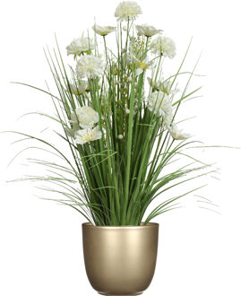 Everlands Kunstbloemen boeket wit - in pot goud - keramiek - H70 cm - Kunstbloemen Goudkleurig