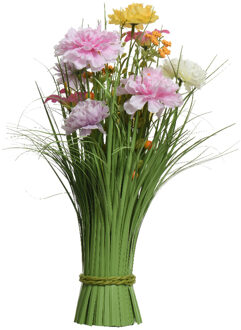 Everlands Kunstgras boeket bloemen - anjers - lila paars - geel - H40 cm - lente boeket - Kunstbloemen