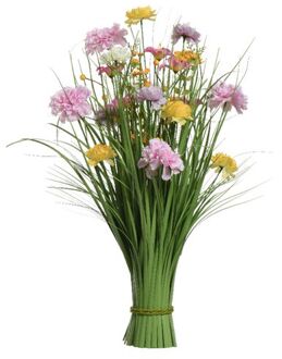 Everlands Kunstgras boeket bloemen - anjers - lila paars - geel - H70 cm - lente boeket - Kunstbloemen
