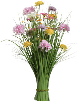 Everlands Kunstgras boeket bloemen - anjers - lila paars - geel - H70 cm - lente boeket