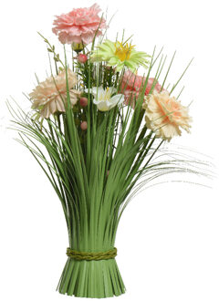 Everlands Kunstgras boeket bloemen - anjers - roze tinten - H40 cm - lente boeket