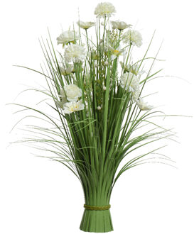 Everlands Kunstplant gras met rozen en geraniums - groen - wit - 35 x 70 cm