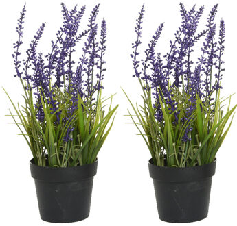 Everlands Lavendel - 2x stuks - kunstplant in pot - violet paars - D15 x H30 cm