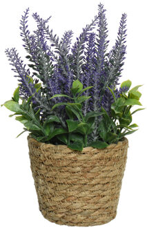 Everlands Lavendel kunstplant in gevlochten plantenmand - paars - D12 x H26 cm - Kunstplanten