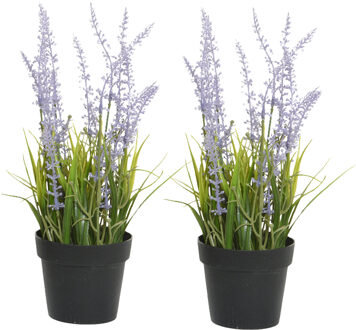 Everlands Lavendel kunstplant in pot - 2x - lila paars - D15 x H30 cm