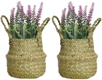 Everlands Lavendel kunstplant in rieten mand - 2x - lichtroze - D16 x H27 cm